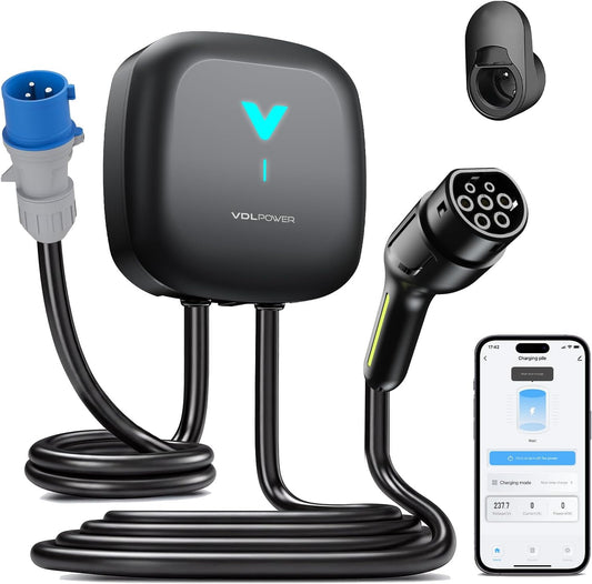 Wallbox , Cargador para Vehículo Eléctrico 7kW,6-32A Type 2 Monofásica, Wi-Fi, Bluetooth, Interior/Exterior, soporte de enchufe, Protección IP67 para BEV/PHEV