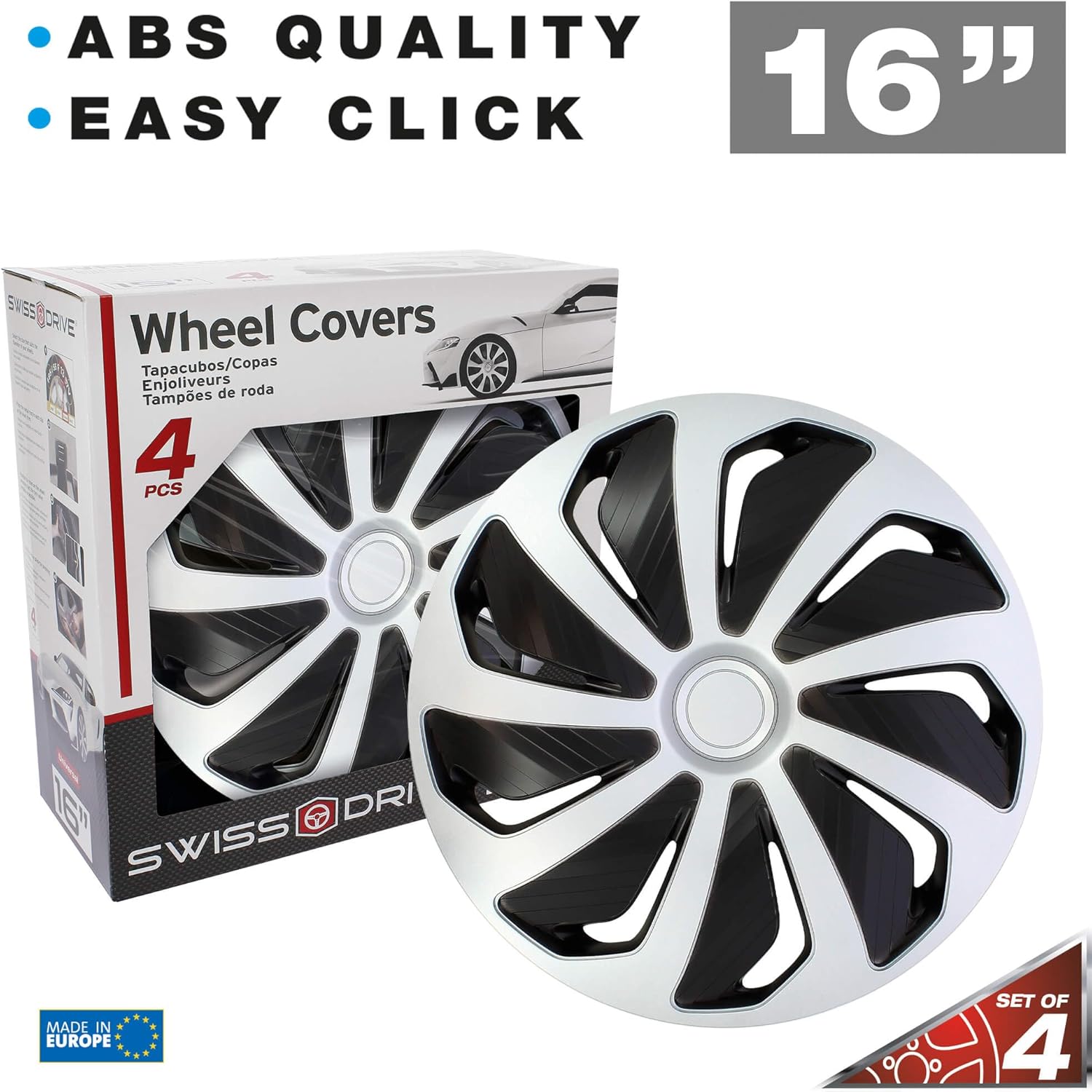 S SUMEX Juego de 4 Tapacubos de 16 Pulgadas Diseño Tennessee Silver Black Silver, Acabado Cromado y Negro ABS Resistente a Fuertes Impactos, Duradero y Fiable con Anillo de sujeción Ajustable