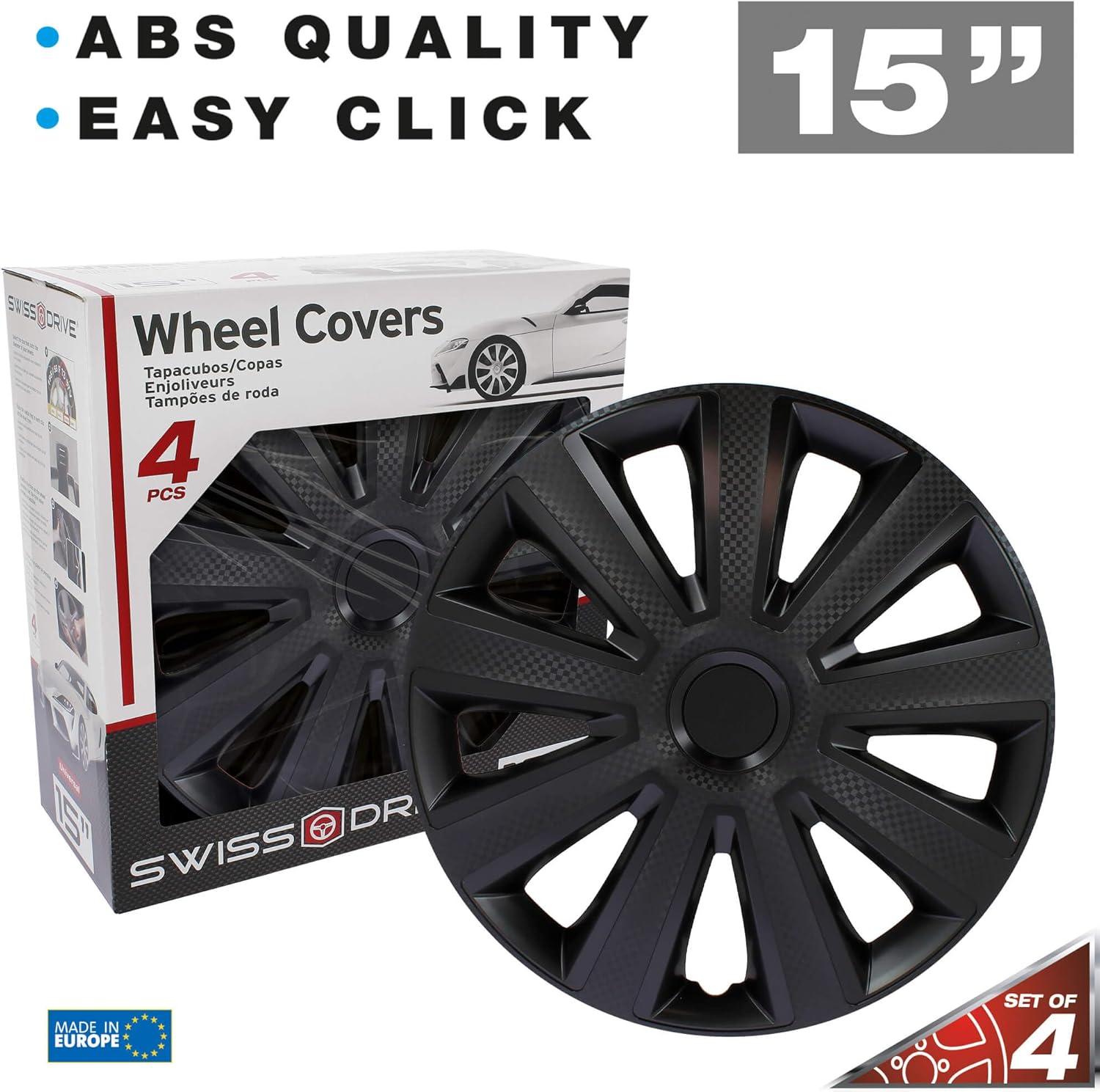 Juego de 4 Tapacubos de 15 Pulgadas Diseño Kentucky Carbon Black, Acabado en Negro y ABS Resistente a Fuertes Impactos, Duradero y Fiable con Anillo de sujeción Ajustable