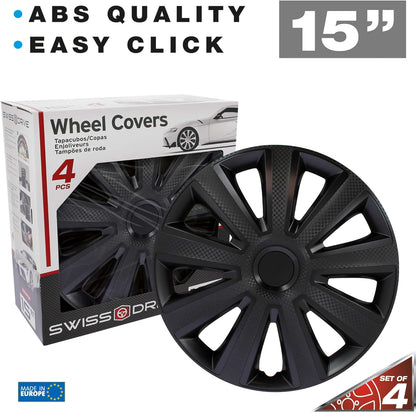 Juego de 4 Tapacubos de 15 Pulgadas Diseño Kentucky Carbon Black, Acabado en Negro y ABS Resistente a Fuertes Impactos, Duradero y Fiable con Anillo de sujeción Ajustable