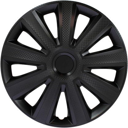 Juego de 4 Tapacubos de 15 Pulgadas Diseño Kentucky Carbon Black, Acabado en Negro y ABS Resistente a Fuertes Impactos, Duradero y Fiable con Anillo de sujeción Ajustable