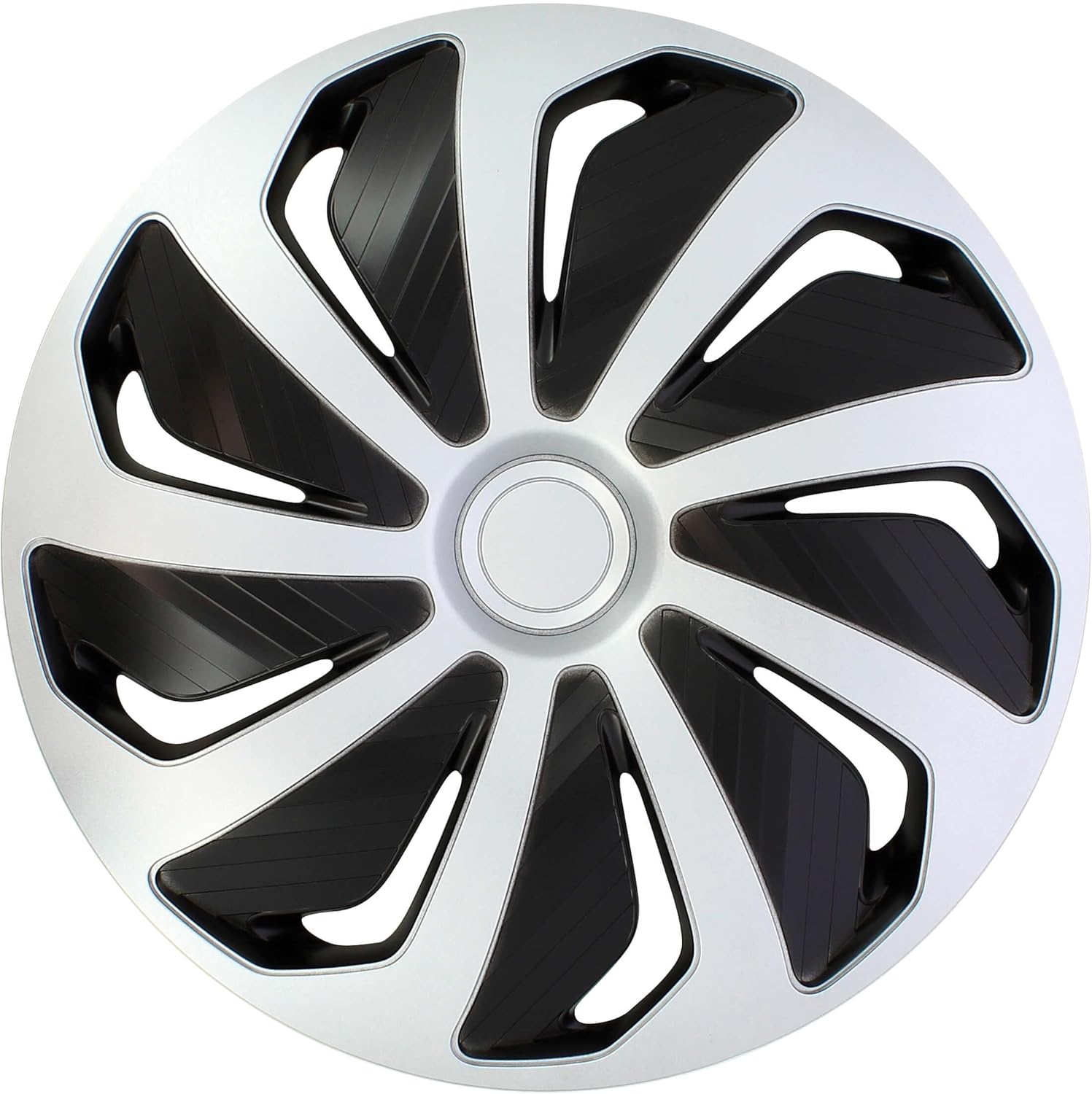 S SUMEX Juego de 4 Tapacubos de 16 Pulgadas Diseño Tennessee Silver Black Silver, Acabado Cromado y Negro ABS Resistente a Fuertes Impactos, Duradero y Fiable con Anillo de sujeción Ajustable
