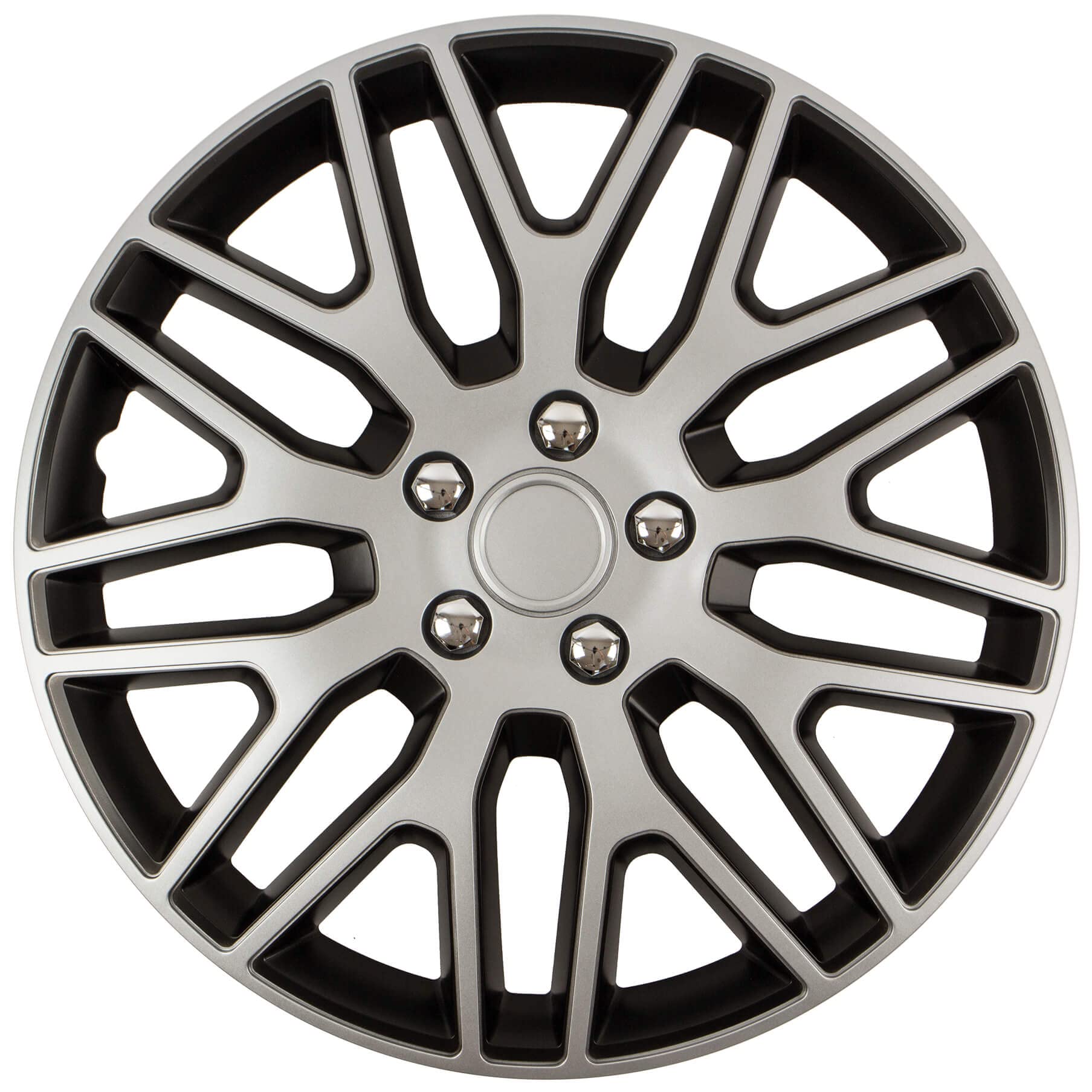 S SUMEX Juego de 4 Tapacubos de 16 Pulgadas Diseño Tennessee Silver Black Silver, Acabado Cromado y Negro ABS Resistente a Fuertes Impactos, Duradero y Fiable con Anillo de sujeción Ajustable