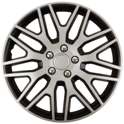 S SUMEX Juego de 4 Tapacubos de 16 Pulgadas Diseño Tennessee Silver Black Silver, Acabado Cromado y Negro ABS Resistente a Fuertes Impactos, Duradero y Fiable con Anillo de sujeción Ajustable