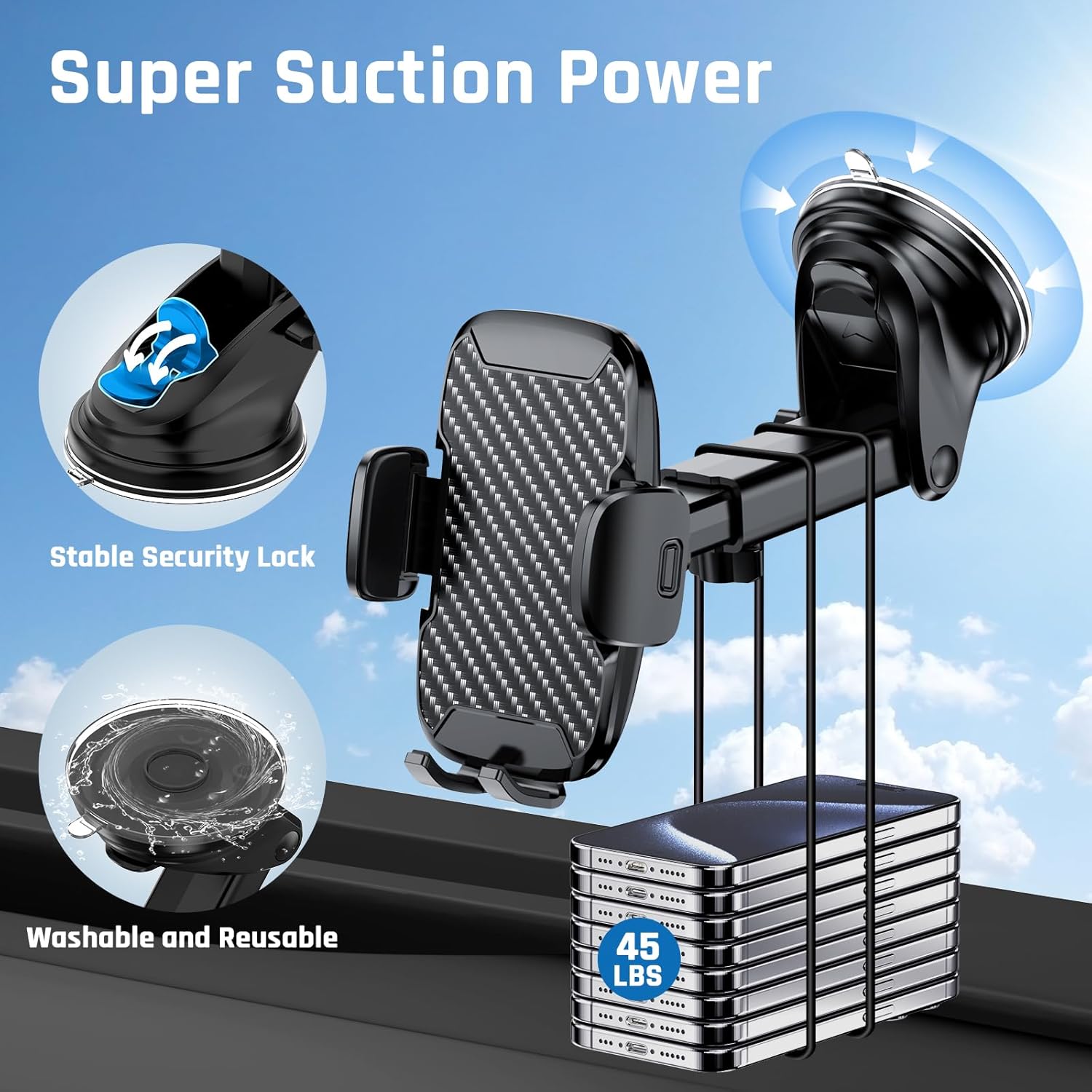 Soporte Movil Coche, [Potente Ventosa y Clip Estable] Suporte Telemovel Carro Universal para Parabrisas, Salpicadero y Ventilación, Porta Movil Coche para Teléfonos de 4-7"