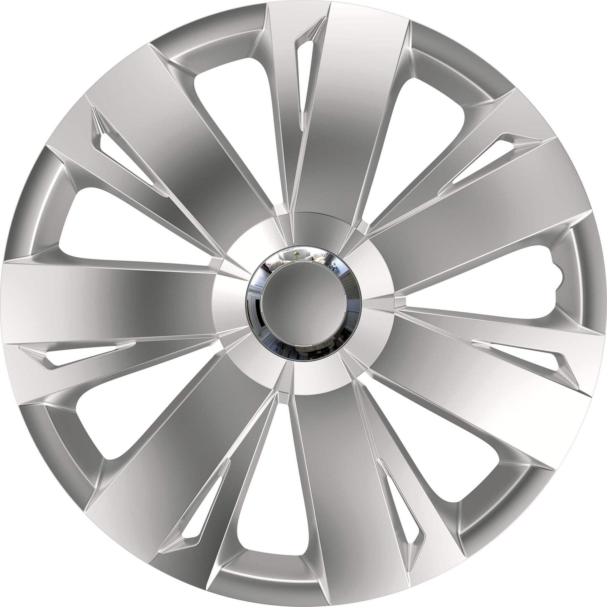 S SUMEX Juego de 4 Tapacubos de 16 Pulgadas Diseño Tennessee Silver Black Silver, Acabado Cromado y Negro ABS Resistente a Fuertes Impactos, Duradero y Fiable con Anillo de sujeción Ajustable