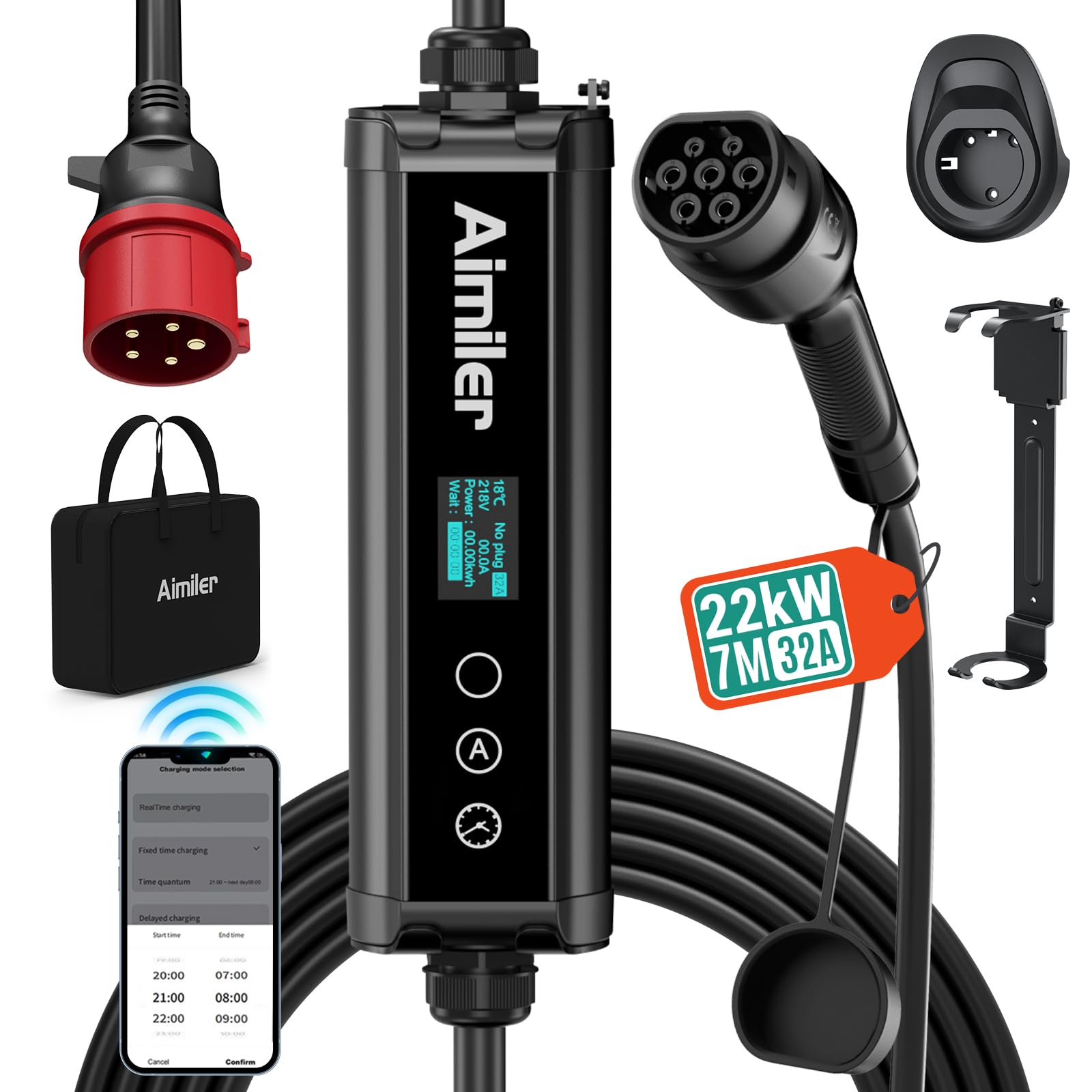 Cargador Coche Eléctrico 11kW Trifásico(8-16A) Control por App/Pantalla Digital,Cargador Vehículo Eléctrico Portátil/de Pared con Cable Tipo 2 de 7,5m