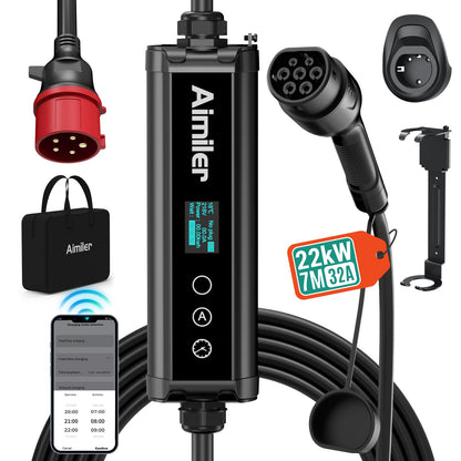 Cargador Coche Eléctrico 11kW Trifásico(8-16A) Control por App/Pantalla Digital,Cargador Vehículo Eléctrico Portátil/de Pared con Cable Tipo 2 de 7,5m