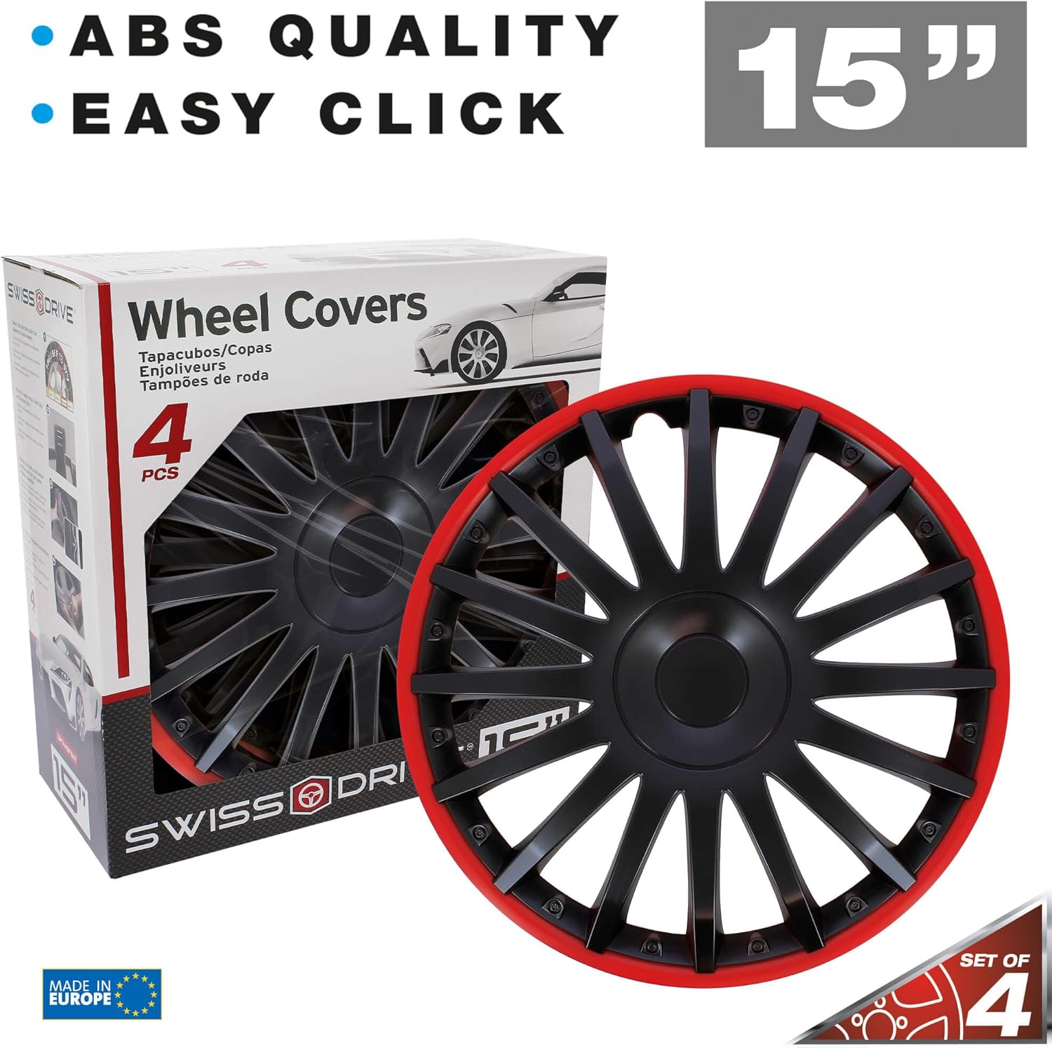 S SUMEX Juego de 4 Tapacubos de 15 Pulgadas Diseño Florida Ro Black, Acabado en Negro y ABS Resistente a Fuertes Impactos, Duradero y Fiable con Anillo de sujeción Ajustable
