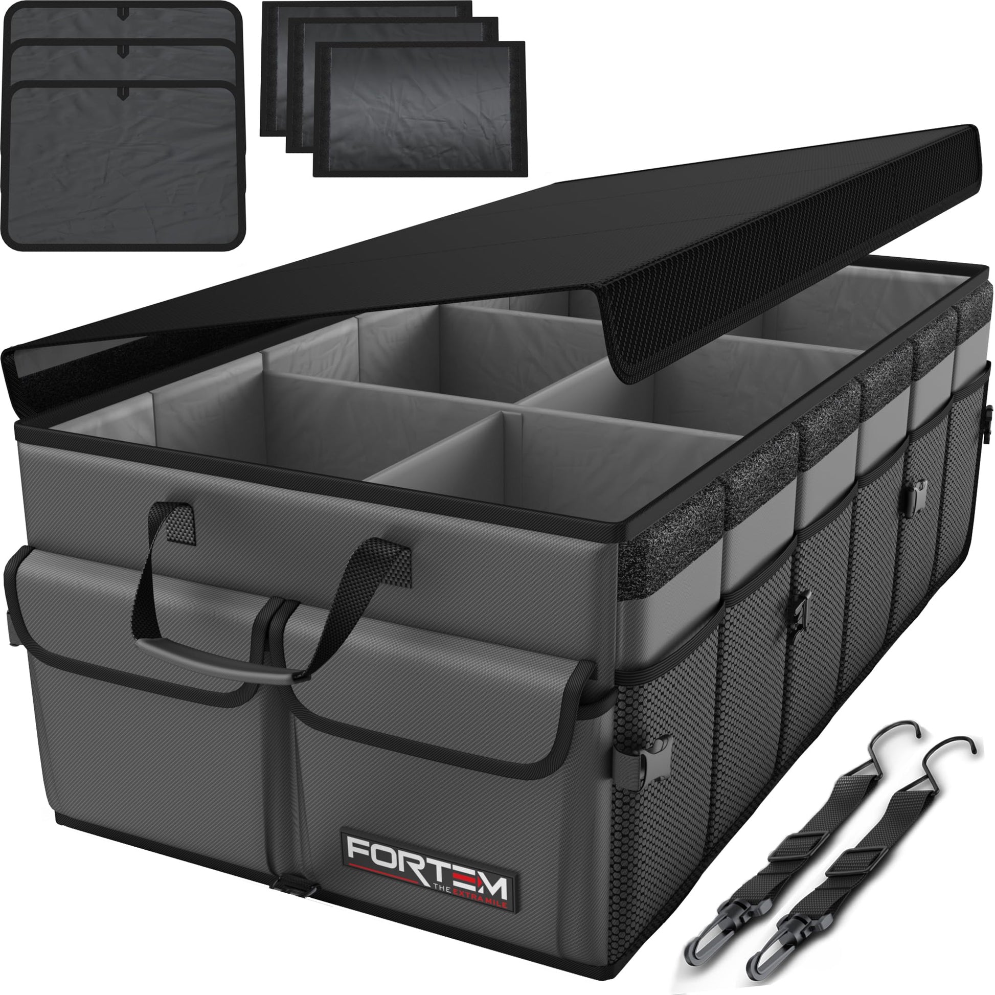 Fortem Organizador de porta-bagagens, caixa de armazenamento dobrável com compartimentos, base antiderrapante, correias, bolsos
