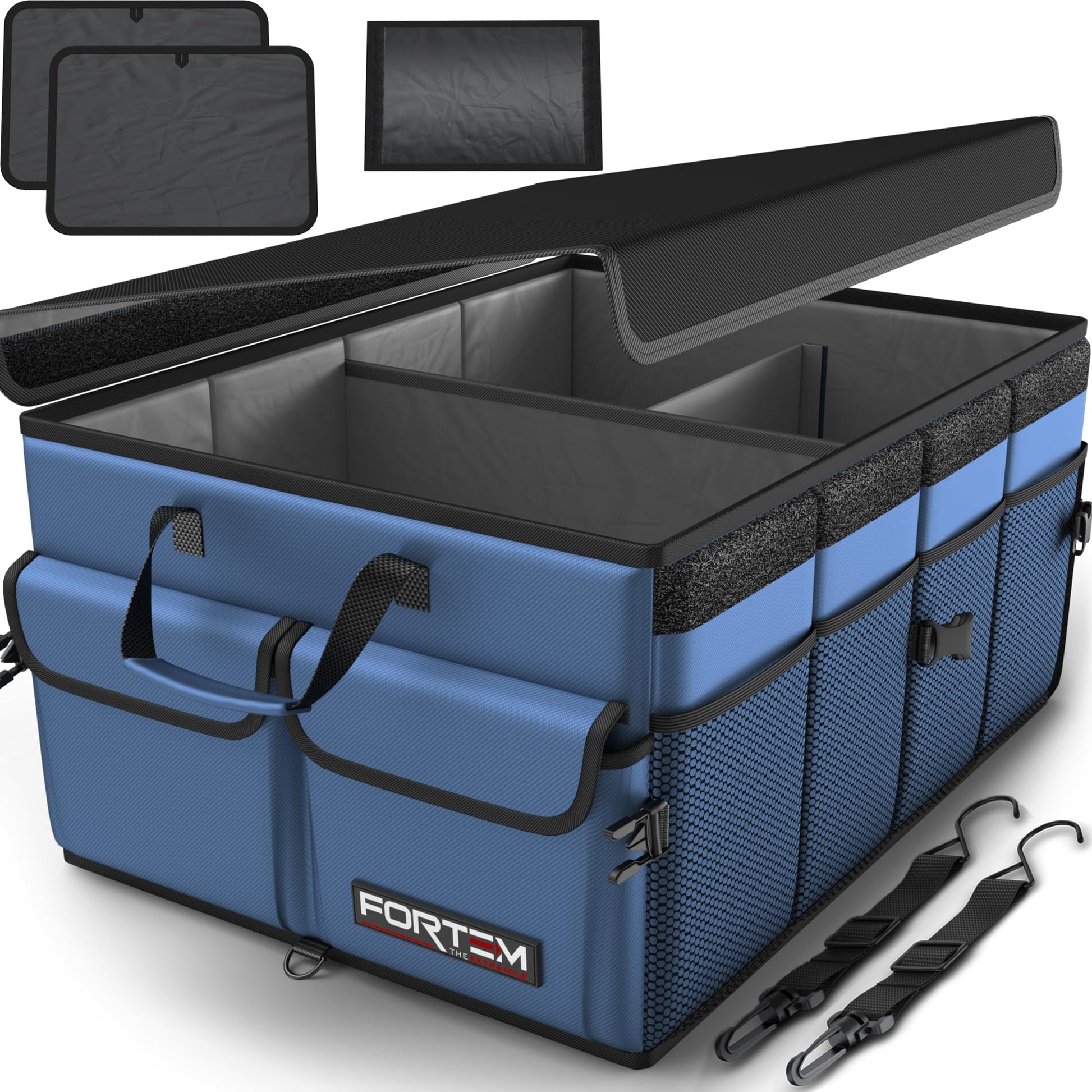 Fortem Organizador de porta-bagagens, caixa de armazenamento dobrável com compartimentos, base antiderrapante, correias, bolsos
