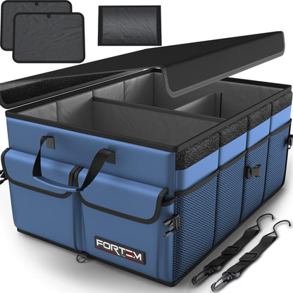 Fortem Organizador de porta-bagagens, caixa de armazenamento dobrável com compartimentos, base antiderrapante, correias, bolsos