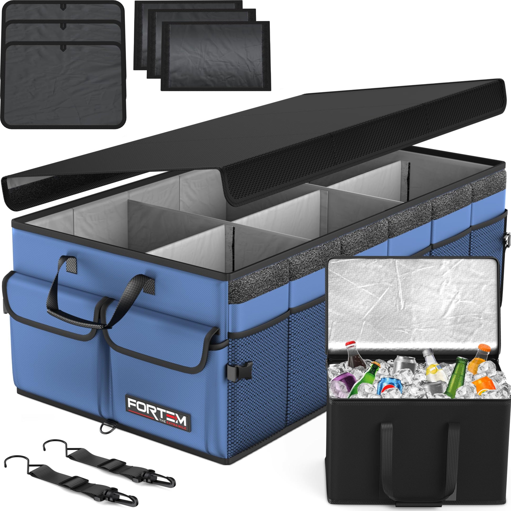 Fortem Organizador de porta-bagagens, caixa de armazenamento dobrável com compartimentos, base antiderrapante, correias, bolsos
