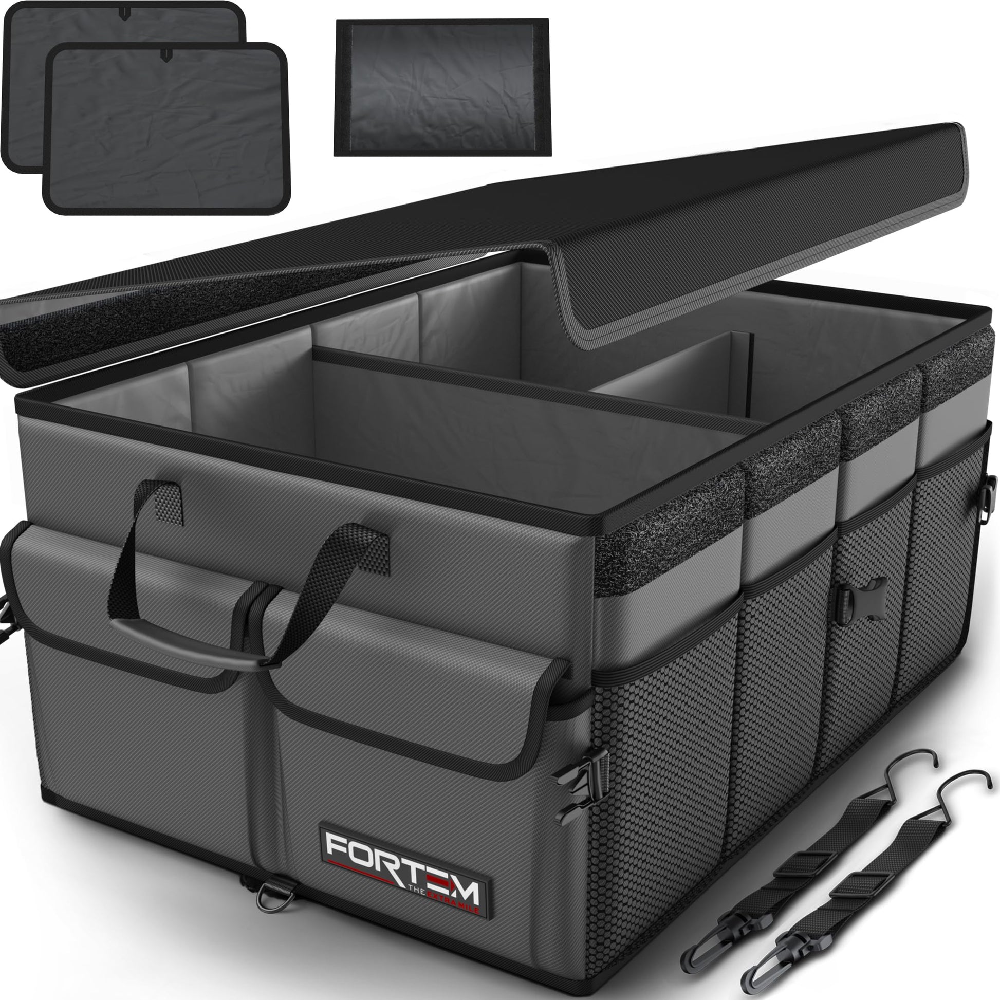 Fortem Organizador de porta-bagagens, caixa de armazenamento dobrável com compartimentos, base antiderrapante, correias, bolsos