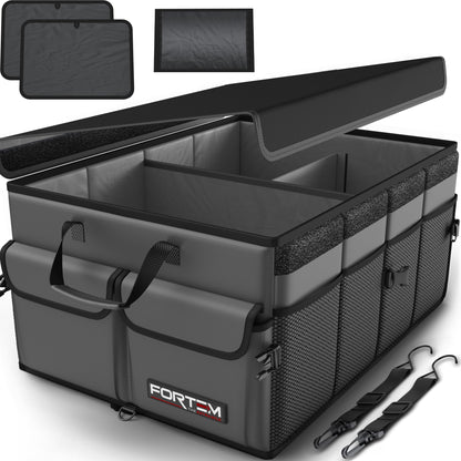 Fortem Organizador de porta-bagagens, caixa de armazenamento dobrável com compartimentos, base antiderrapante, correias, bolsos