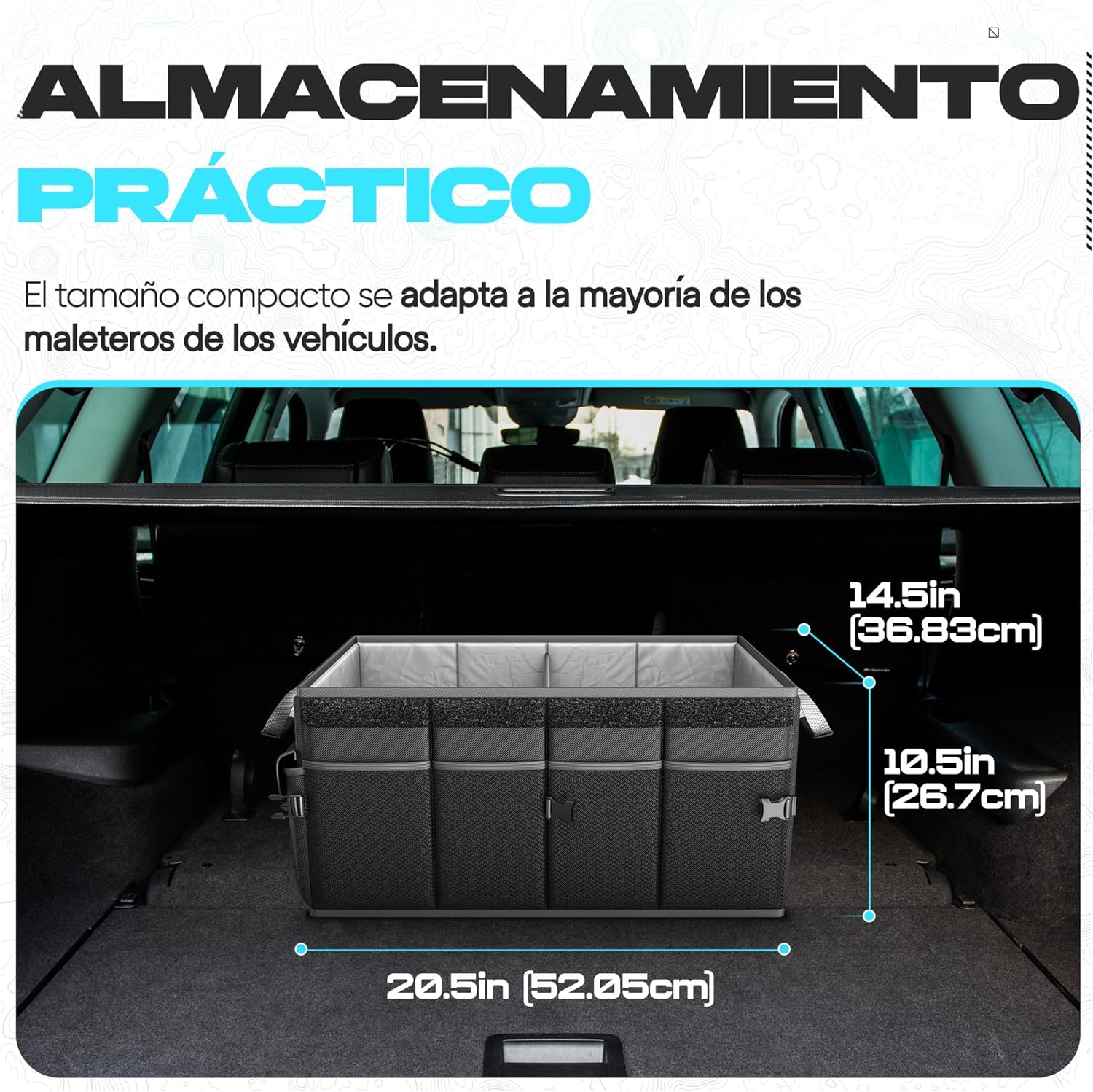 Fortem Organizador de porta-bagagens, caixa de armazenamento dobrável com compartimentos, base antiderrapante, correias, bolsos