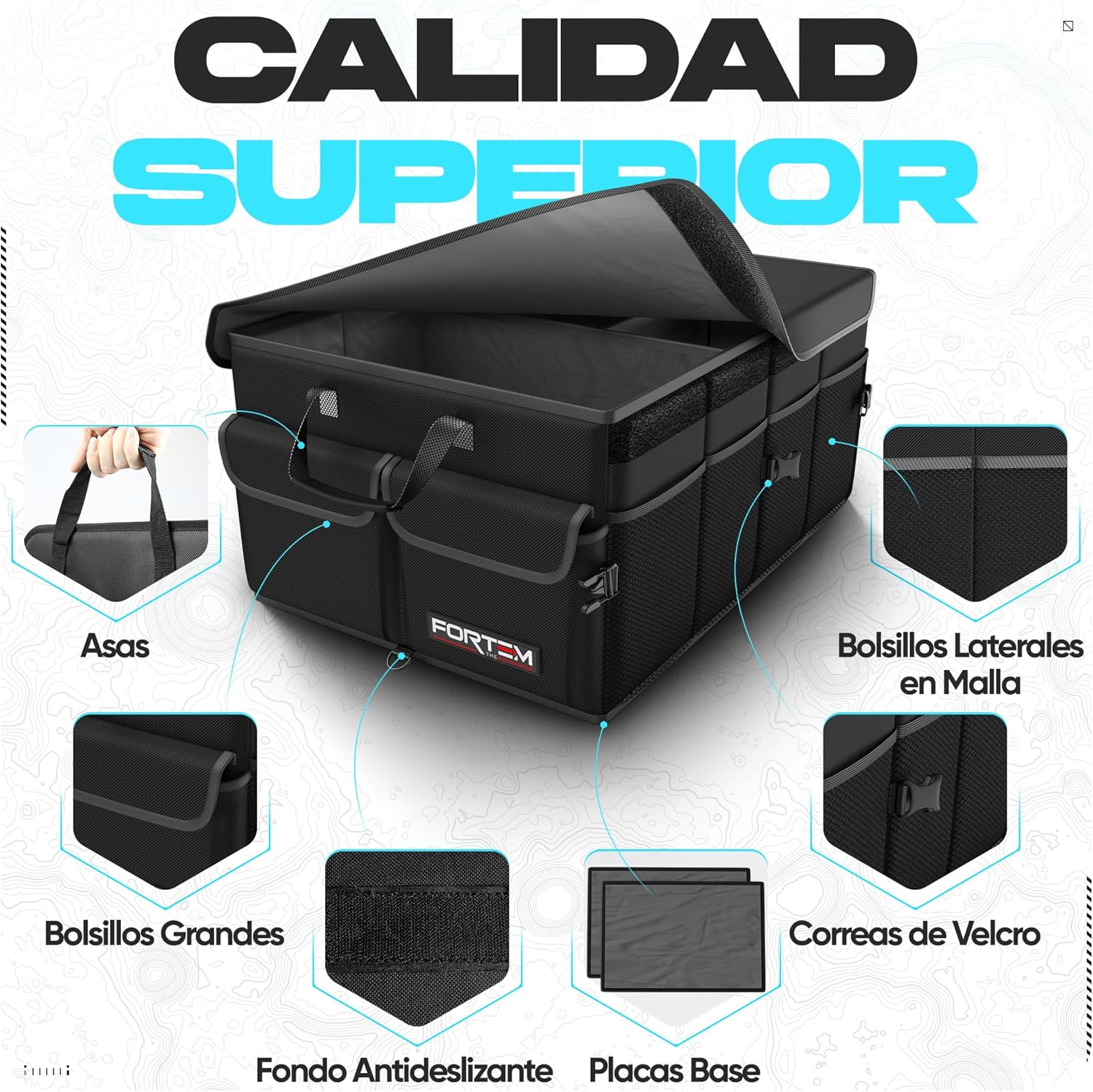 Fortem Organizador de porta-bagagens, caixa de armazenamento dobrável com compartimentos, base antiderrapante, correias, bolsos