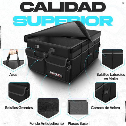 Fortem Organizador de porta-bagagens, caixa de armazenamento dobrável com compartimentos, base antiderrapante, correias, bolsos
