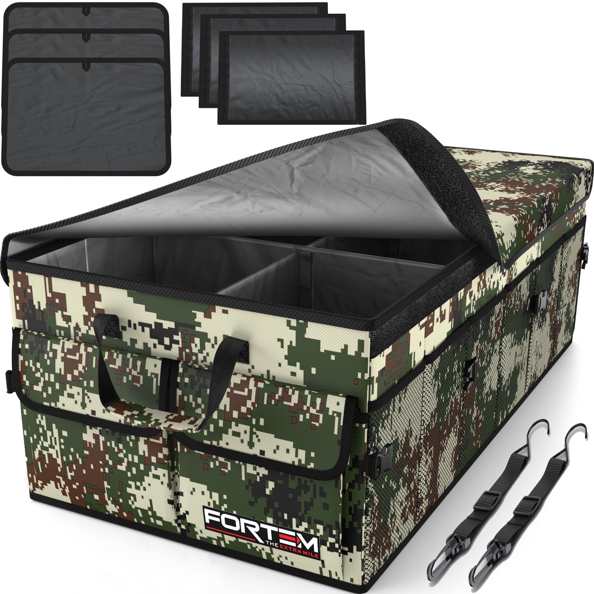 Fortem Organizador de porta-bagagens, caixa de armazenamento dobrável com compartimentos, base antiderrapante, correias, bolsos