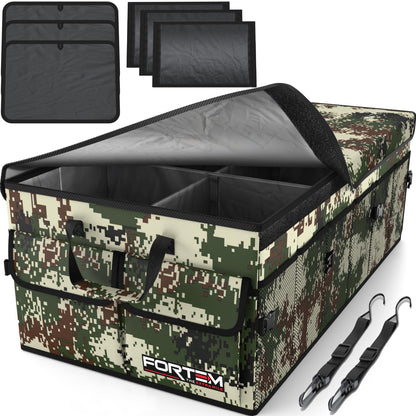Fortem Organizador de porta-bagagens, caixa de armazenamento dobrável com compartimentos, base antiderrapante, correias, bolsos