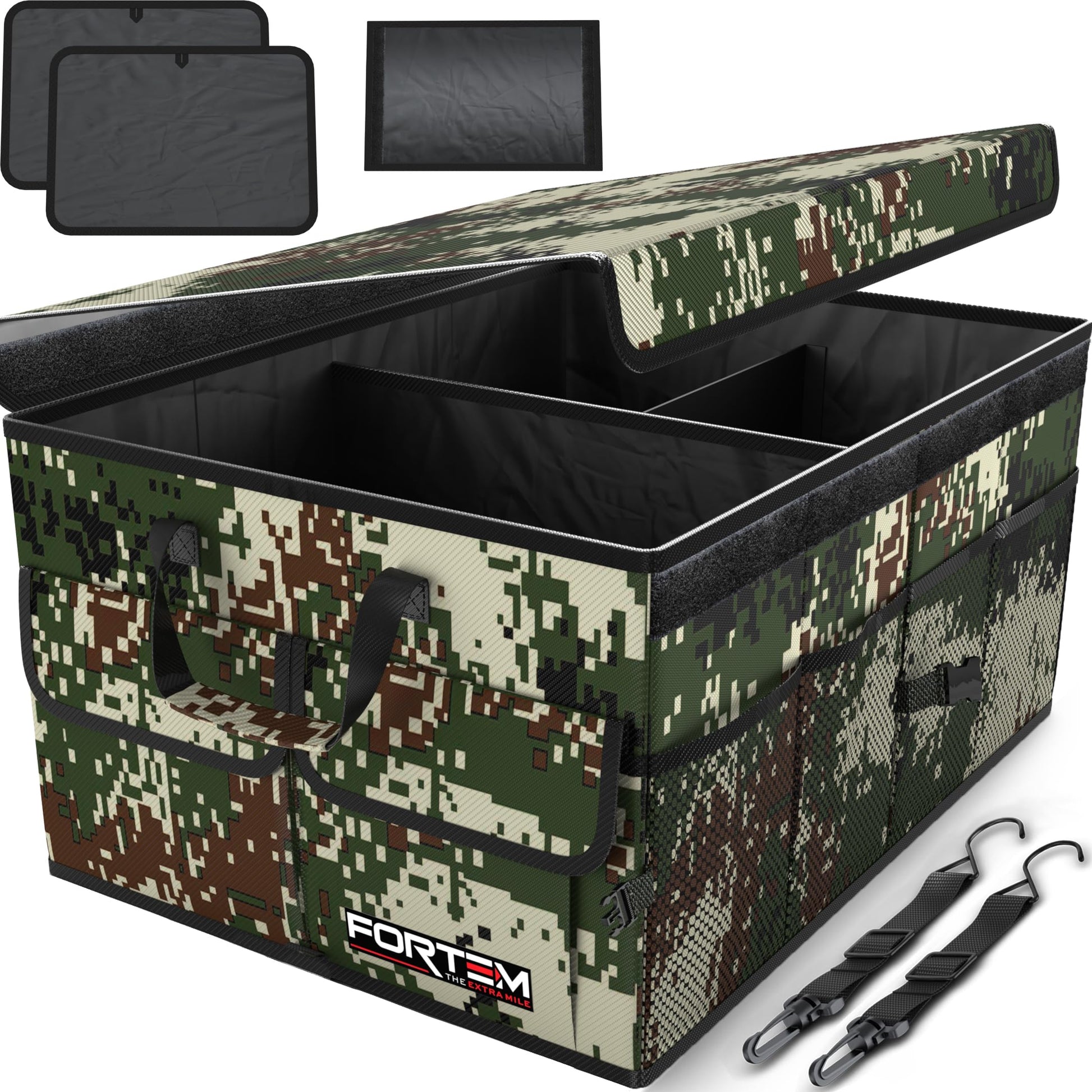 Fortem Organizador de porta-bagagens, caixa de armazenamento dobrável com compartimentos, base antiderrapante, correias, bolsos