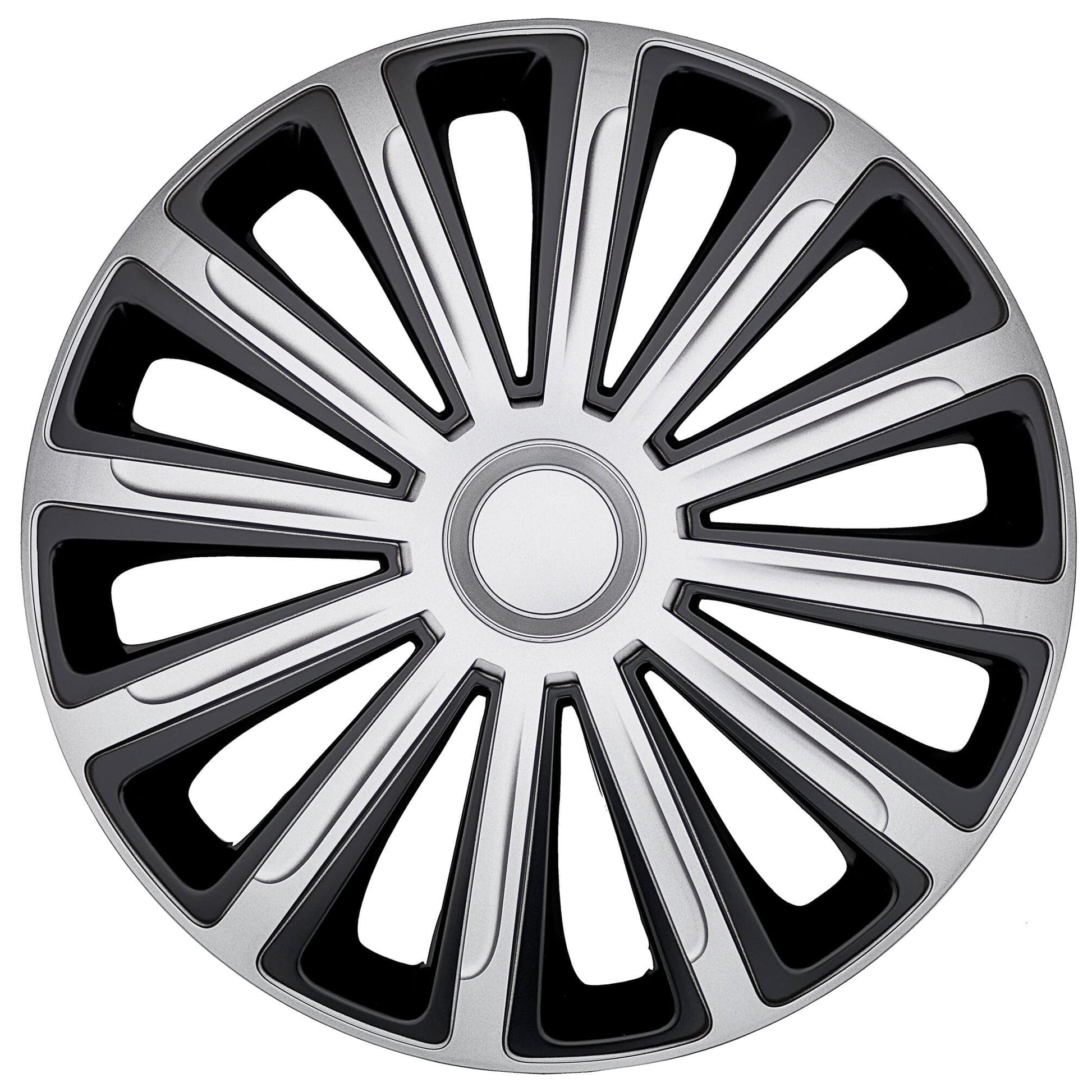 S SUMEX Juego de 4 Tapacubos de 16 Pulgadas Diseño Tennessee Silver Black Silver, Acabado Cromado y Negro ABS Resistente a Fuertes Impactos, Duradero y Fiable con Anillo de sujeción Ajustable
