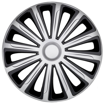 S SUMEX Juego de 4 Tapacubos de 16 Pulgadas Diseño Tennessee Silver Black Silver, Acabado Cromado y Negro ABS Resistente a Fuertes Impactos, Duradero y Fiable con Anillo de sujeción Ajustable