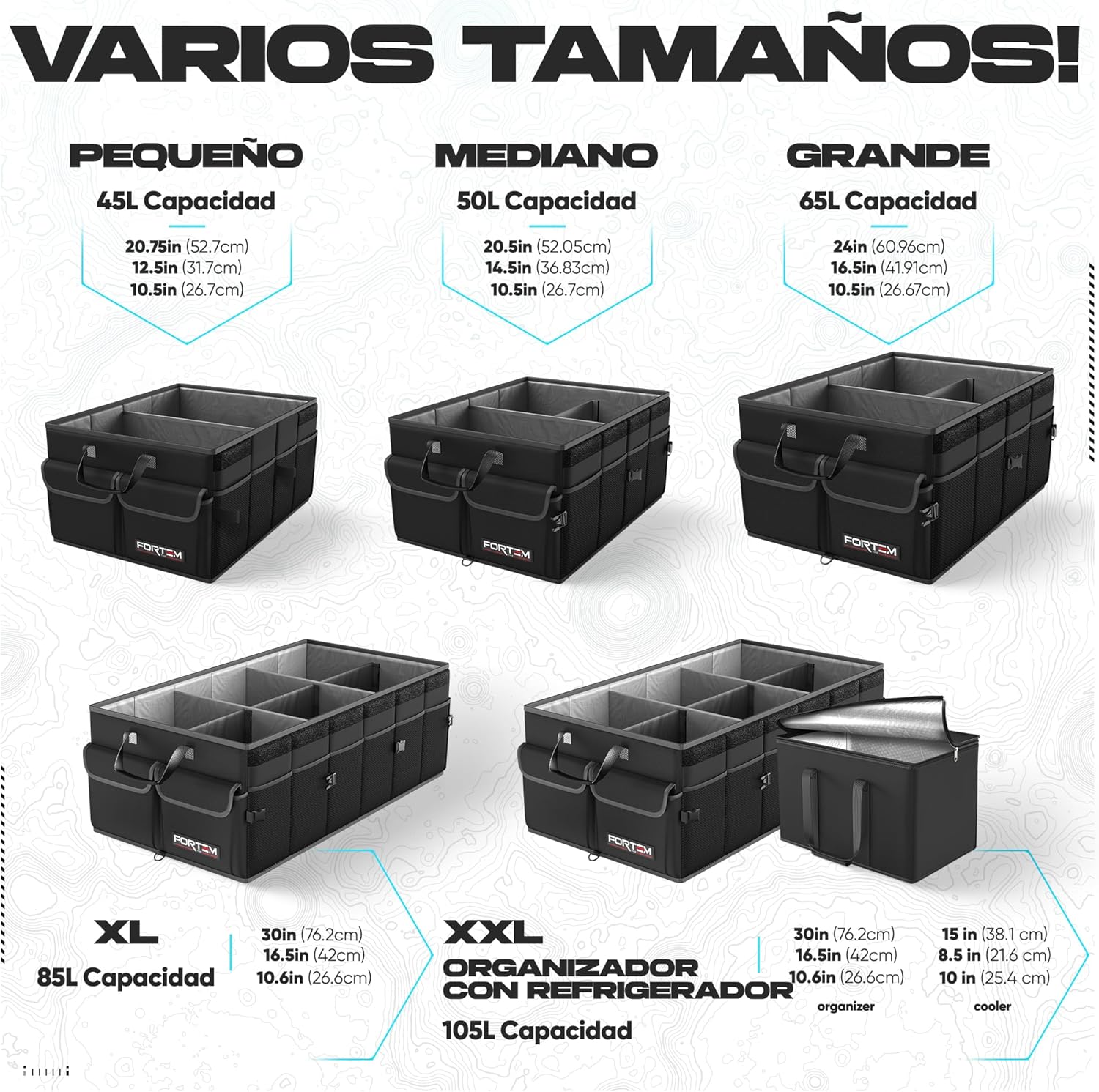 Fortem Organizador de porta-bagagens, caixa de armazenamento dobrável com compartimentos, base antiderrapante, correias, bolsos