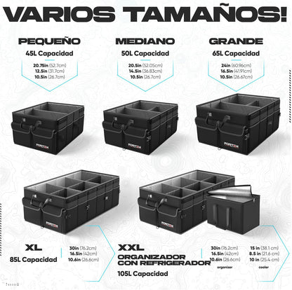 Fortem Organizador de porta-bagagens, caixa de armazenamento dobrável com compartimentos, base antiderrapante, correias, bolsos