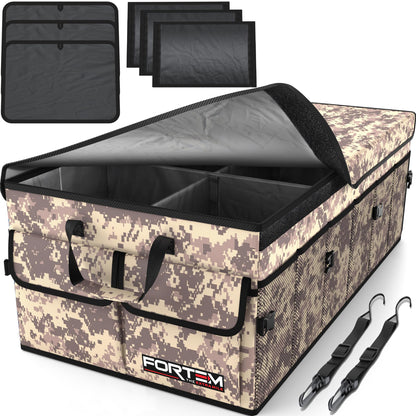 Fortem Organizador de porta-bagagens, caixa de armazenamento dobrável com compartimentos, base antiderrapante, correias, bolsos