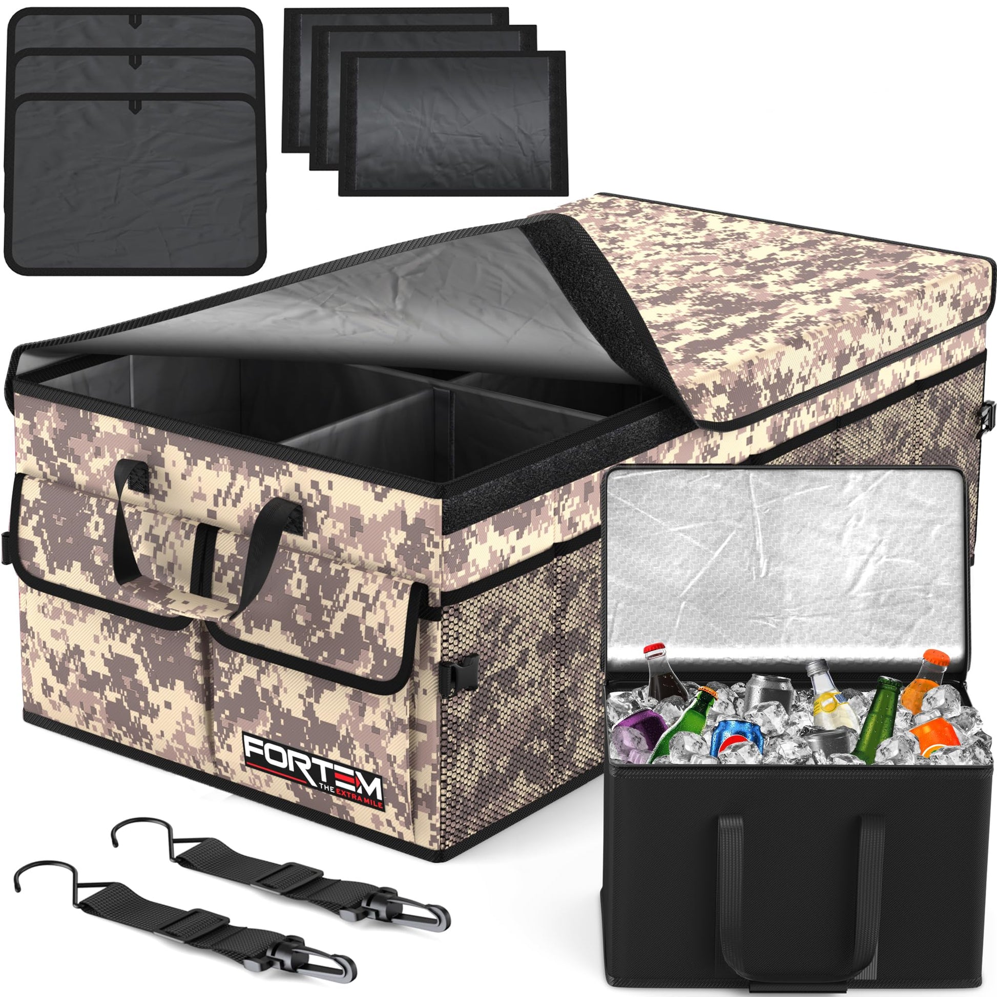 Fortem Organizador de porta-bagagens, caixa de armazenamento dobrável com compartimentos, base antiderrapante, correias, bolsos