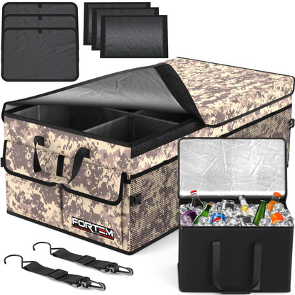 Fortem Organizador de porta-bagagens, caixa de armazenamento dobrável com compartimentos, base antiderrapante, correias, bolsos