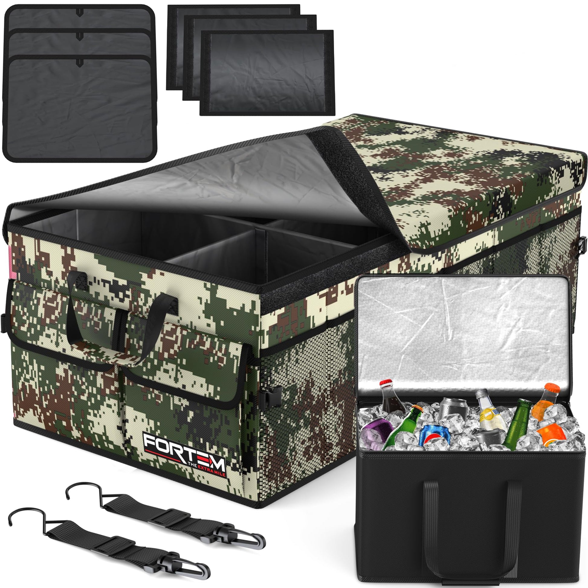 Fortem Organizador de porta-bagagens, caixa de armazenamento dobrável com compartimentos, base antiderrapante, correias, bolsos
