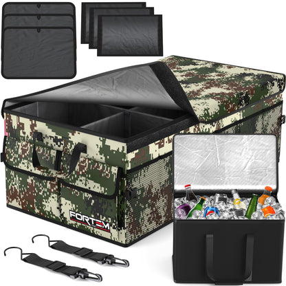 Fortem Organizador de porta-bagagens, caixa de armazenamento dobrável com compartimentos, base antiderrapante, correias, bolsos