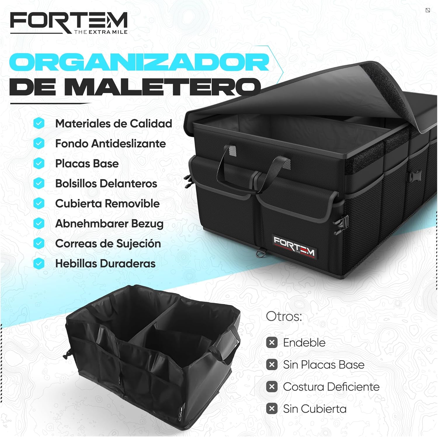 Fortem Organizador de porta-bagagens, caixa de armazenamento dobrável com compartimentos, base antiderrapante, correias, bolsos