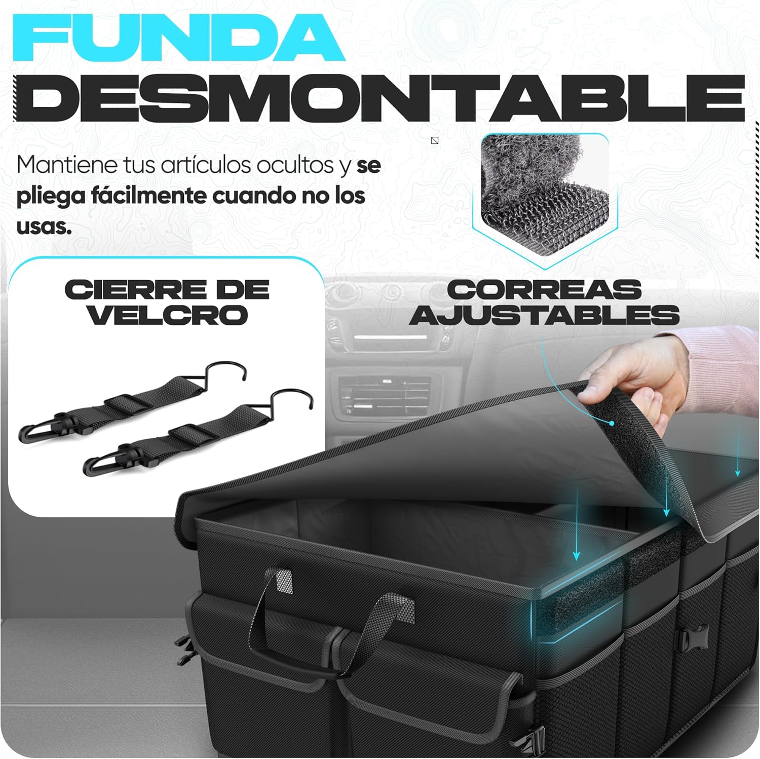 Fortem Organizador de porta-bagagens, caixa de armazenamento dobrável com compartimentos, base antiderrapante, correias, bolsos