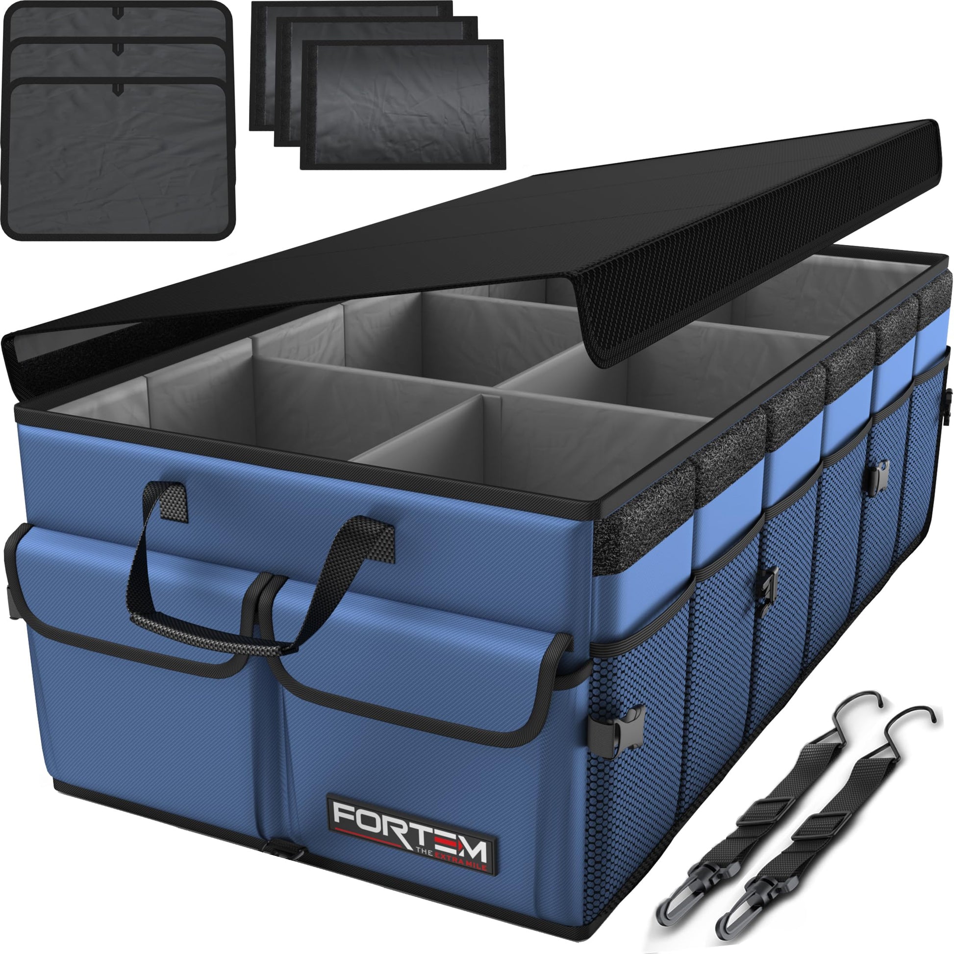 Fortem Organizador de porta-bagagens, caixa de armazenamento dobrável com compartimentos, base antiderrapante, correias, bolsos