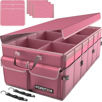 Fortem Organizador de porta-bagagens, caixa de armazenamento dobrável com compartimentos, base antiderrapante, correias, bolsos
