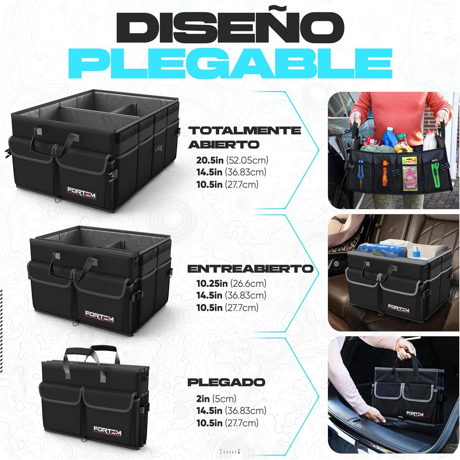Fortem Organizador de porta-bagagens, caixa de armazenamento dobrável com compartimentos, base antiderrapante, correias, bolsos