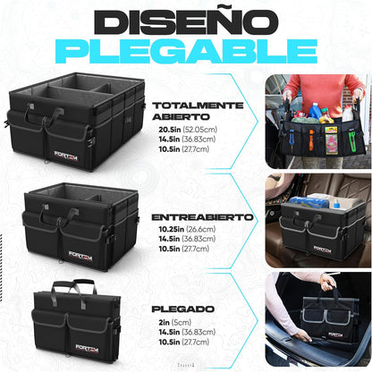 Fortem Organizador de porta-bagagens, caixa de armazenamento dobrável com compartimentos, base antiderrapante, correias, bolsos