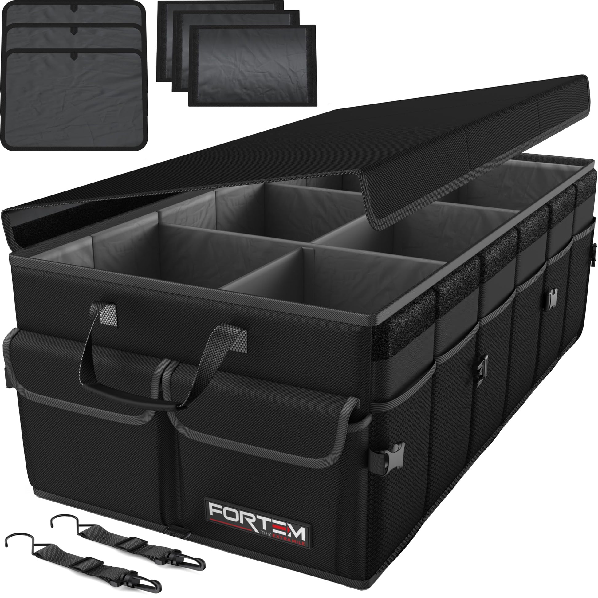 Fortem Organizador de porta-bagagens, caixa de armazenamento dobrável com compartimentos, base antiderrapante, correias, bolsos
