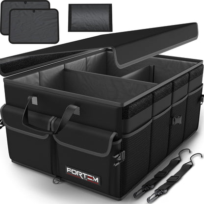 Fortem Organizador de porta-bagagens, caixa de armazenamento dobrável com compartimentos, base antiderrapante, correias, bolsos