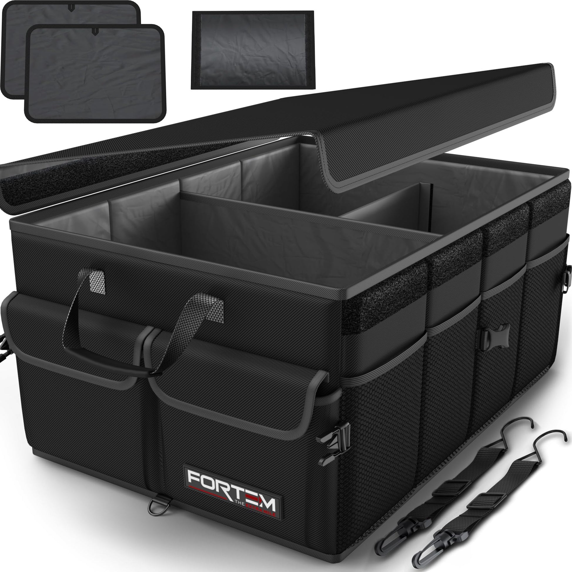 Fortem Organizador de porta-bagagens, caixa de armazenamento dobrável com compartimentos, base antiderrapante, correias, bolsos