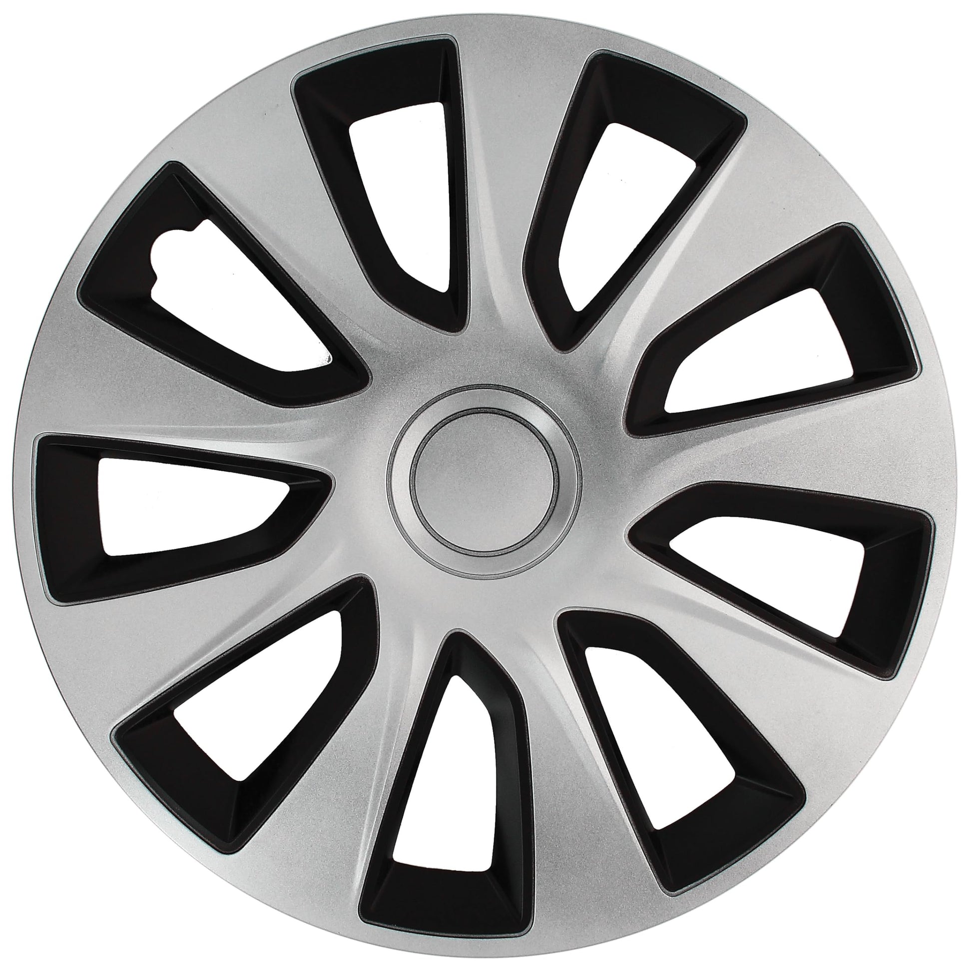 S SUMEX Juego de 4 Tapacubos de 16 Pulgadas Diseño Tennessee Silver Black Silver, Acabado Cromado y Negro ABS Resistente a Fuertes Impactos, Duradero y Fiable con Anillo de sujeción Ajustable