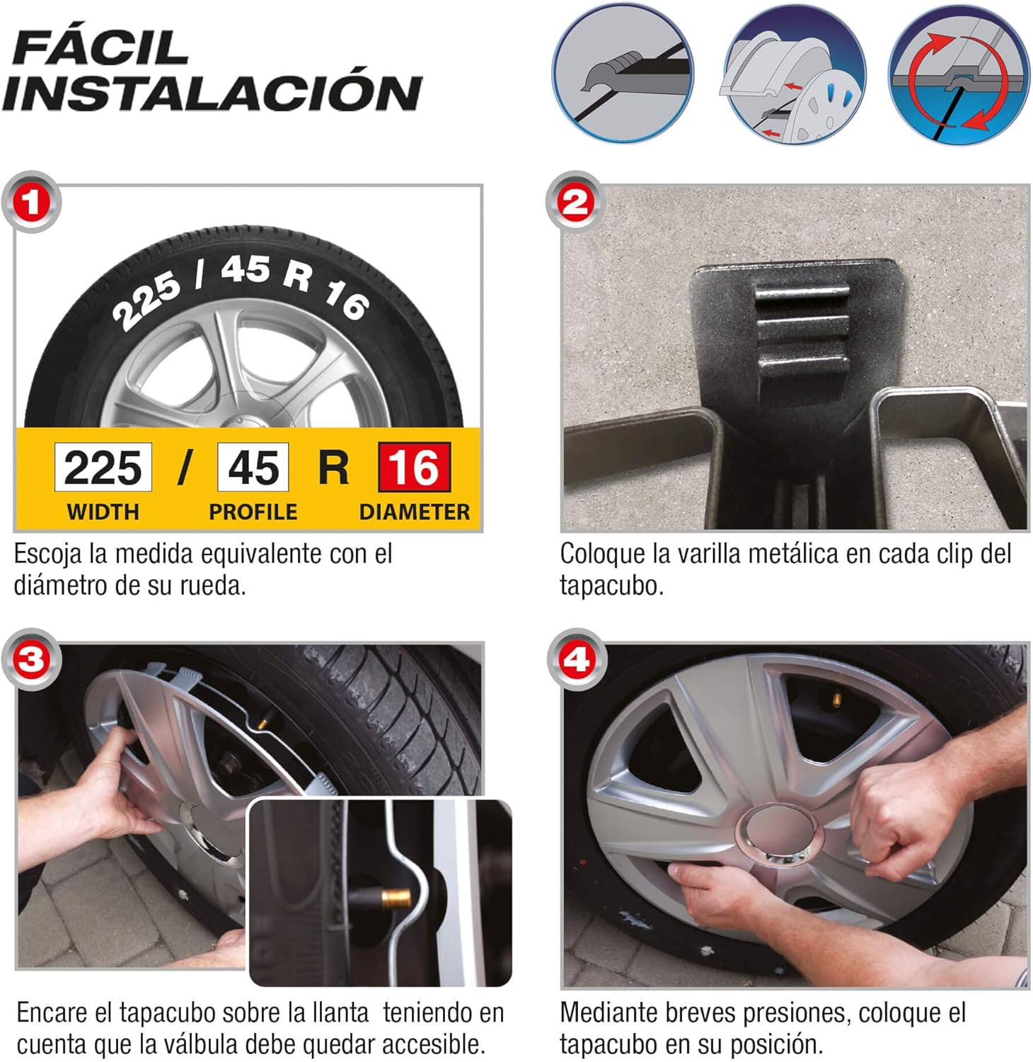 S SUMEX Juego de 4 Tapacubos de 16 Pulgadas Diseño Tennessee Silver Black Silver, Acabado Cromado y Negro ABS Resistente a Fuertes Impactos, Duradero y Fiable con Anillo de sujeción Ajustable