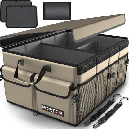 Fortem Organizador de porta-bagagens, caixa de armazenamento dobrável com compartimentos, base antiderrapante, correias, bolsos