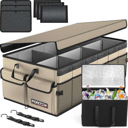 Fortem Organizador de porta-bagagens, caixa de armazenamento dobrável com compartimentos, base antiderrapante, correias, bolsos
