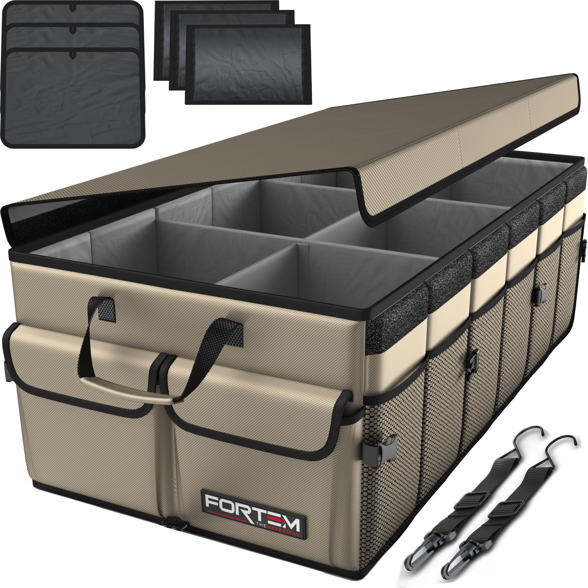 Fortem Organizador de porta-bagagens, caixa de armazenamento dobrável com compartimentos, base antiderrapante, correias, bolsos