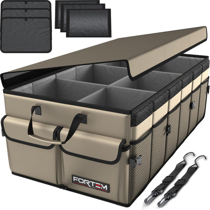 Fortem Organizador de porta-bagagens, caixa de armazenamento dobrável com compartimentos, base antiderrapante, correias, bolsos