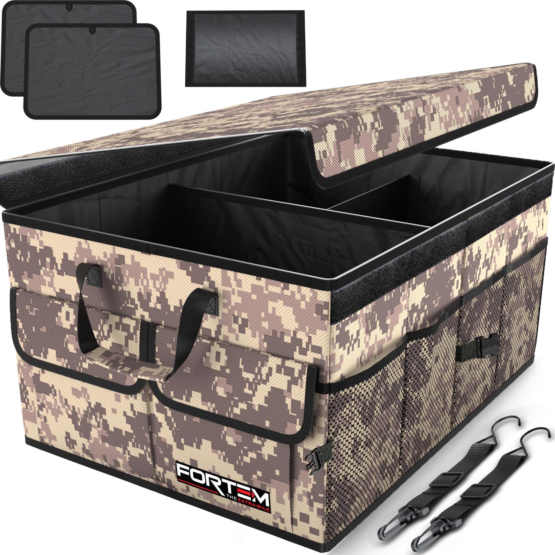 Fortem Organizador de porta-bagagens, caixa de armazenamento dobrável com compartimentos, base antiderrapante, correias, bolsos